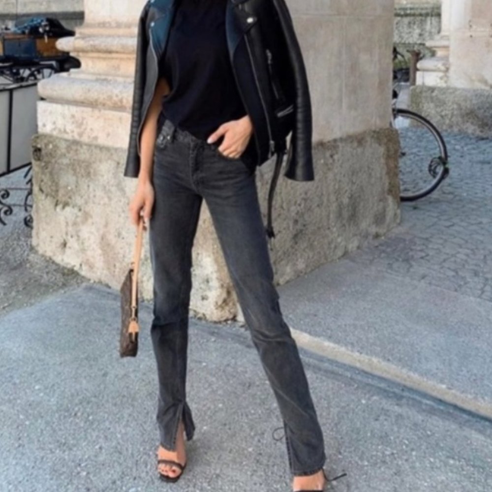 Zara High Rise Jeans Black Ankle Slit Size US 2